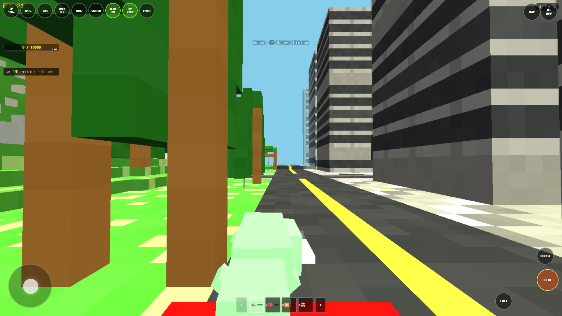 A live city-map vehicle view with the driving controls active.